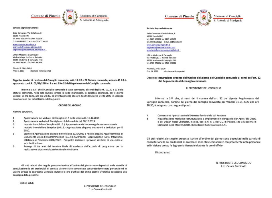 Il Consiglio Comunale Di Pinzolo Stato Convocato Per Oggi