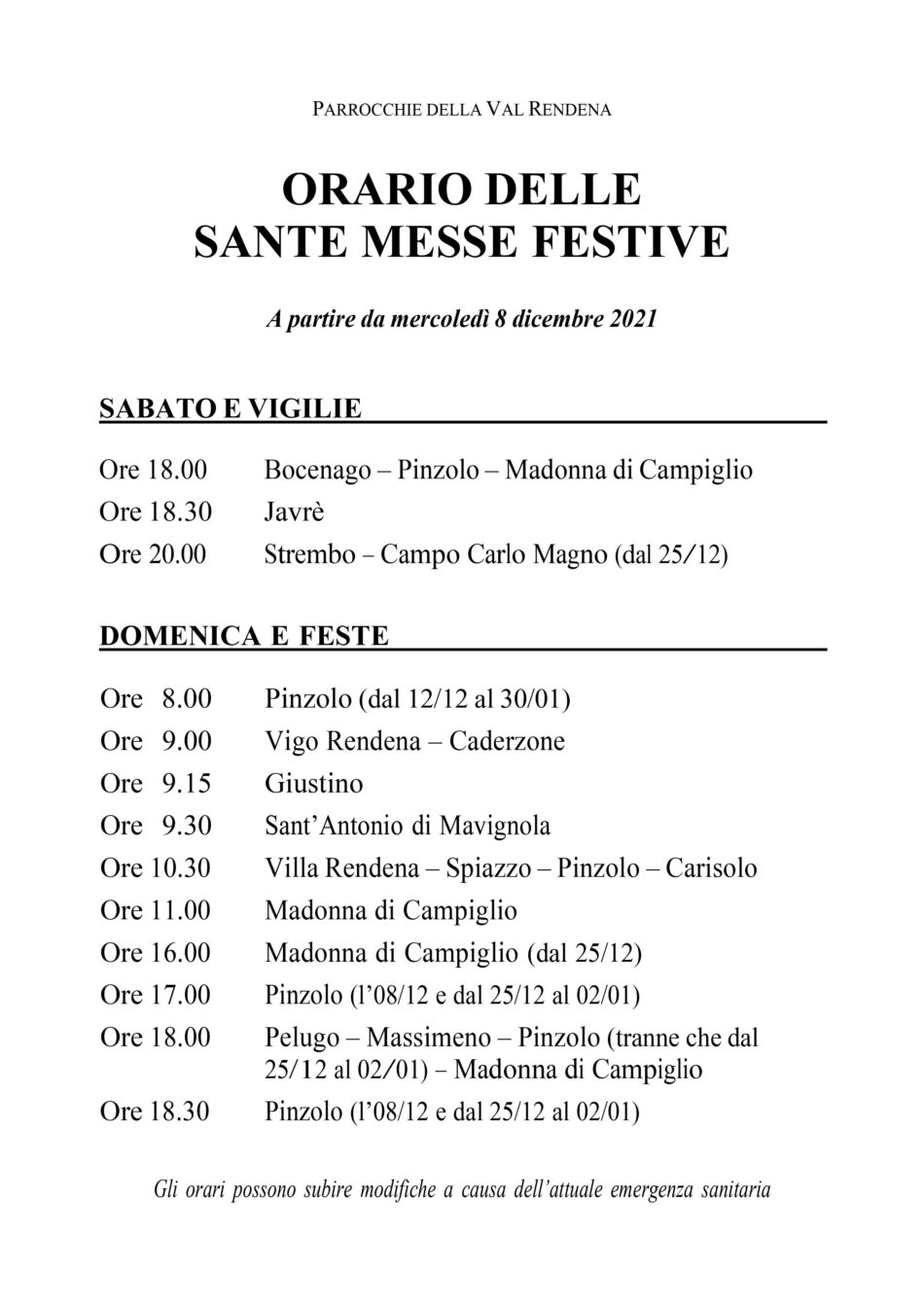 Orari Delle Sante Messe In Val Rendena Fino Al 30 Gennaio 2022